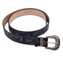 Men Engraved Metal Buckle Blue Dark Brown Genuine 100% Leather Belt