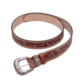 Men Hand Engraved Metal Buckle Natural Brown Genuine 100% Leather Belt
