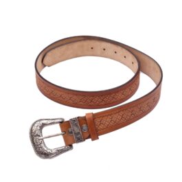Men Engraved Metal Buckle Brown Matt 100 % Genuine Leather Belt